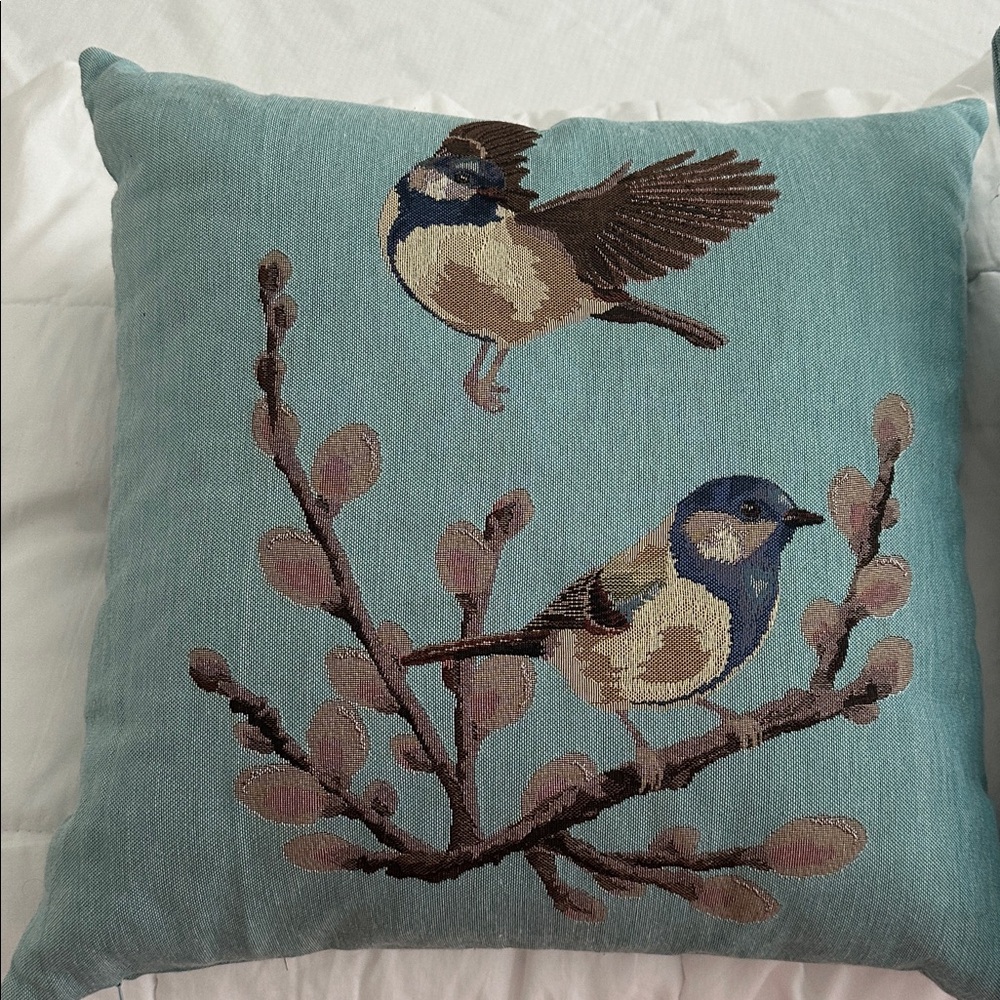 Embroidered Bird Design Pillow - Blue